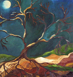 Roots and Trees painting of a bare leaf tree in the moonlight, titled Moonlight