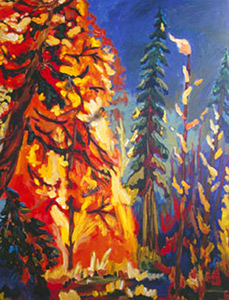 Vibrant coloured, landscape painting of forest titled Red tongues and Owlet Feathers