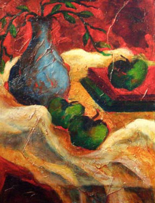 Still life painting called Green Apples and a Blue Vase.